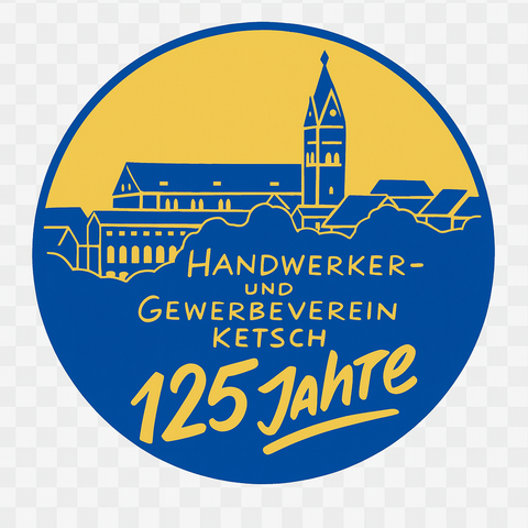 Vereinszeichen des HGV Ketsch zum Jubiläum 125 Jahre: Kirche und Ortsbild in Blau und Gold